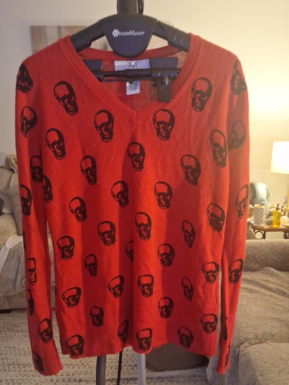 Magaschoni Red V-Neck Sweater with Black Skull Print